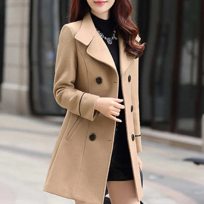 Jacket Women Double Breasted Solid Color Coat Korean Slim Female Woolen Jacket