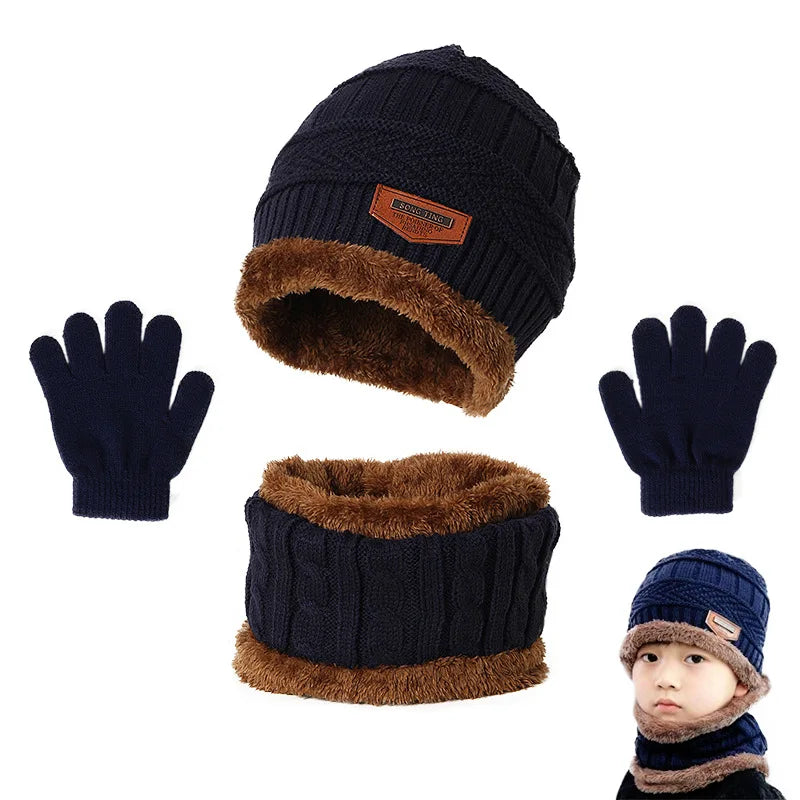 Winter Hat Scarf and Gloves Set Plush Warmer Children Knitted Hat Baby Boys Beanies Cap Neck Scarf Glove Suit For Kids Accessori-Dollar Bargains Online Shopping Australia