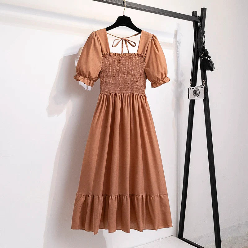 Chiffon Dresses Fashion Female Elastic Waist Short Sleeve Pleated Casual Dress Women A-line Dresses-Dollar Bargains Online Shopping Australia