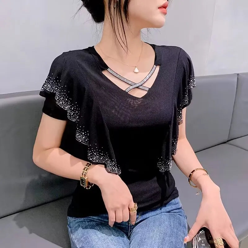 Women's T-Shirt Fashion Casual V-Neck Hollow Out Hot Diamonds Tees Female Ruffled Short Sleeved Mesh Tops-Dollar Bargains Online Shopping Australia