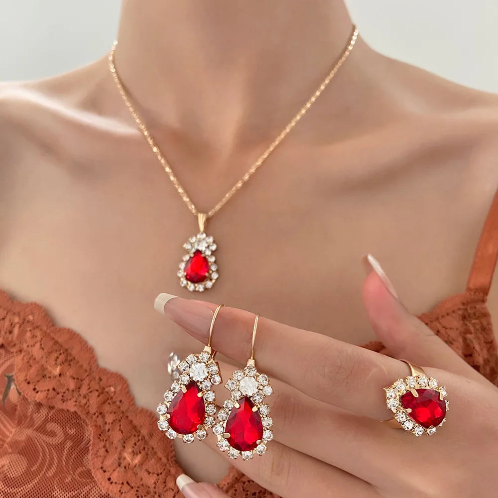 Crystal Ring Necklace Earrings Set Wedding Jewelry Sets For Brides Pendant Earrings For Girls Women African Jewelry Sets-Dollar Bargains Online Shopping Australia