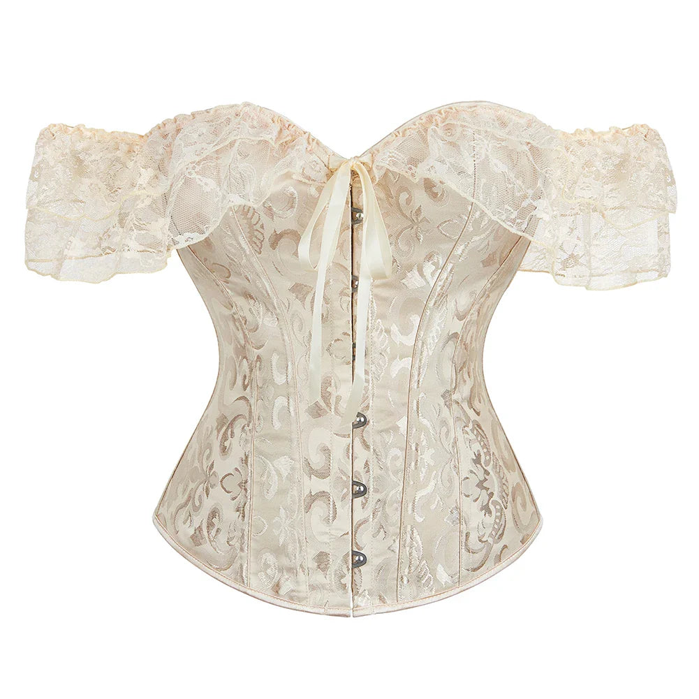 Lace Short Sleeves Overbust Corset Red Black White Beige Green Corselet Steampunk Waist Bustier Top Gorset-Dollar Bargains Online Shopping Australia