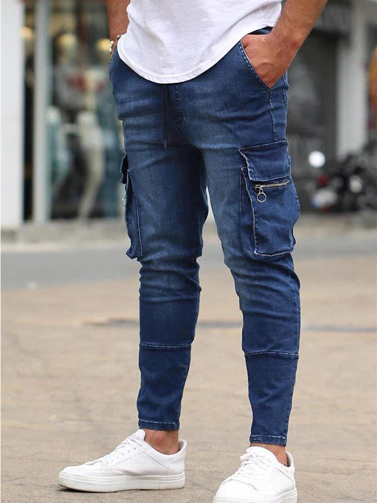 Men's Slim Fit Stretch Jeans Casual Fashion Multi Pocket Cargo Denim Pants High Street Men's Jeans Work Hip Hop Trousers