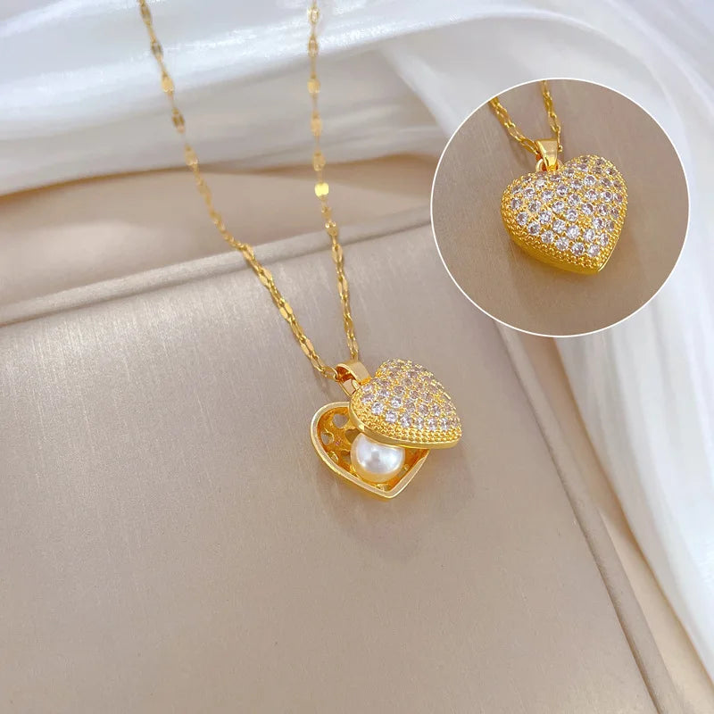 Fashionable and Luxurious Peach Heart Pearl Oyster Necklace, Personalized and Versatile Stainless Steel Clavicle Chain