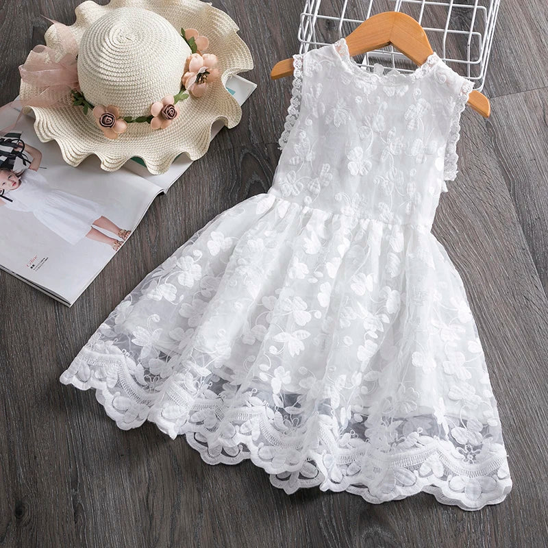 White Summer Flower Girls Dresses Birthday Wedding Evening Ball Gown Tutu Lace Floral Kids Dress