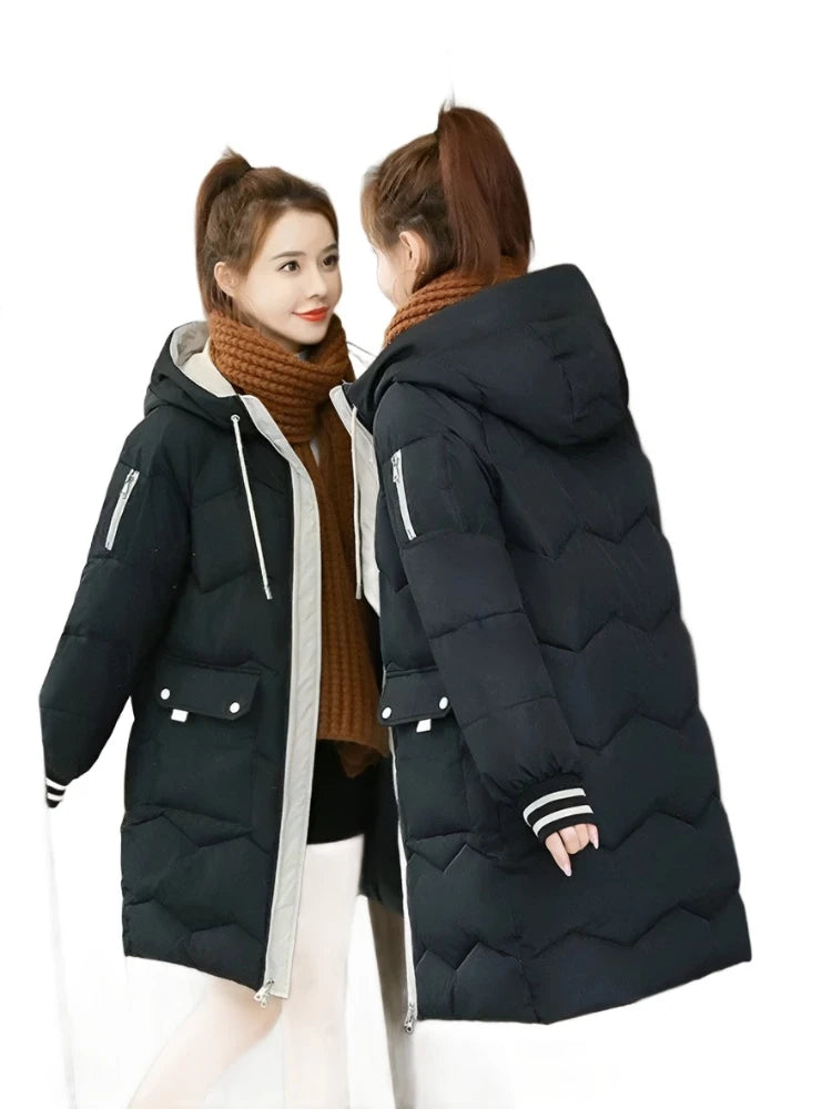 Women Jackets Coats Casual Long Parka Cotton Turtleneck Hooded Cuffs Closing Jackets Wind-proof Travelling Coats