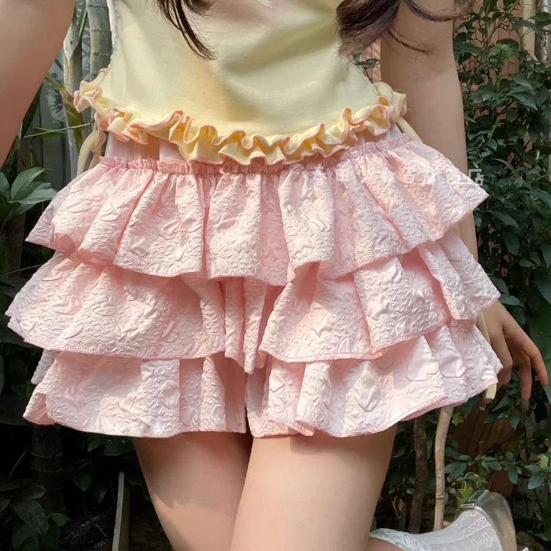 Kawaii Lolita Skirt Shorts Women Summer Ruffle Patchwork Layered High Waist Cute Balletcore Mini Skirt Tutu Petticoat-Dollar Bargains Online Shopping Australia