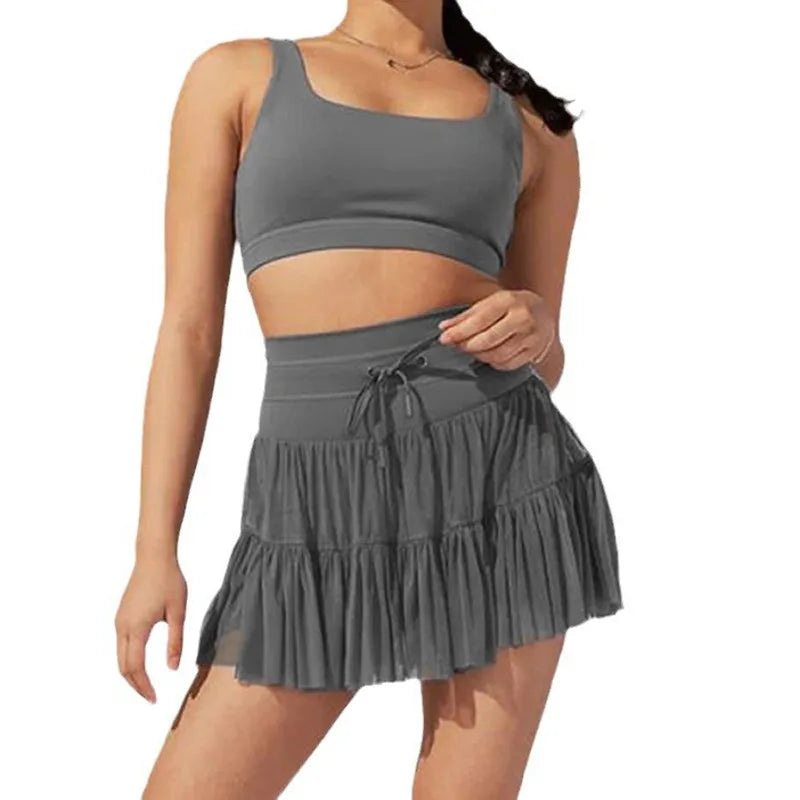 Sport Pleated Skirts With Safety Shorts Women Solid Color Streetwear High Waist Dance Skirts