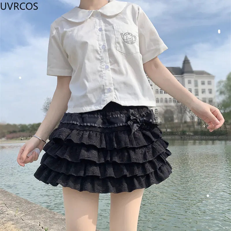 Kawaii Lolita Mini Skirt Women Gothic High Waist Ruffle Tiered Skirts Sweet Girly Summer Harajuku Y2k Short Skirt