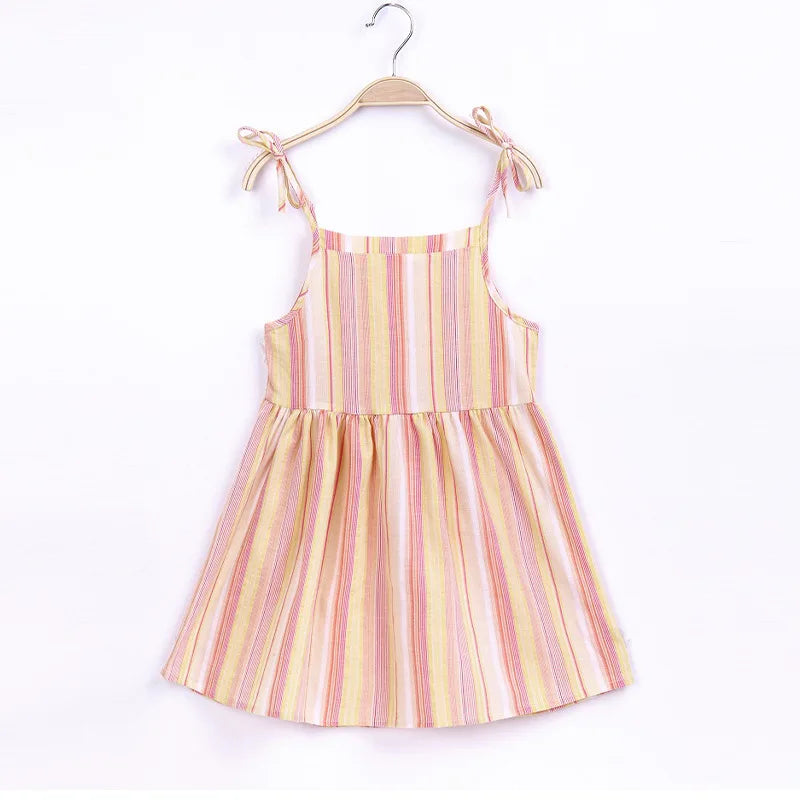 Girls Strappy Dress Kids Pink Sleeveless Printed Dress Baby Cotton And Linen Casual Princess Dress-Dollar Bargains Online Shopping Australia
