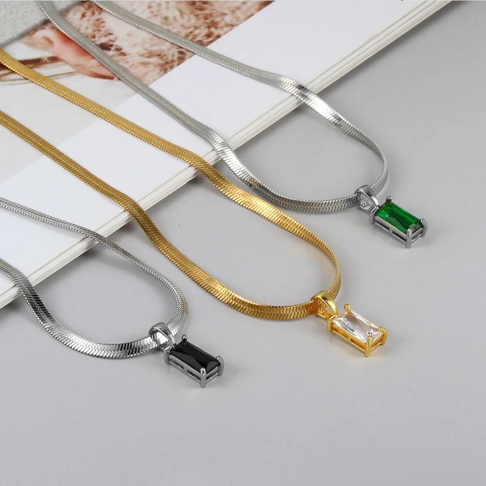 Squares Crystal Pendant Necklace for Women Dazzling CZ Gold Color Stainless Steel Choker Snake Chain on Neck Jewelry-Dollar Bargains Online Shopping Australia