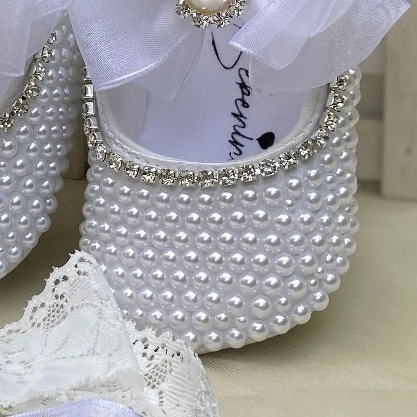 Handmade White Pearls Bling Rhinestone Baby Crib Shoes Christening Outfit Wedding Sparkle Organza Baptism 0-3m Shoes