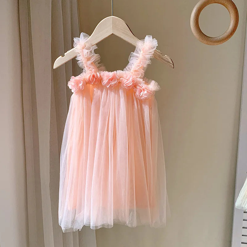Kids Girl Dress 3D Flower Sling Sweet Beauty Children's Mesh Solid Color Baby Girls Beach Princess Fluffy Skirt-Dollar Bargains Online Shopping Australia