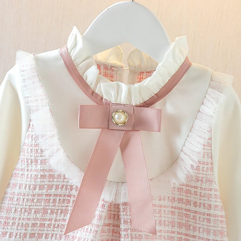 Girl Dresses Korean Fashion Cute Bow Mesh Plaid Long Sleeve Princess Kids Dress Baby Clothes Outfit-Dollar Bargains Online Shopping Australia