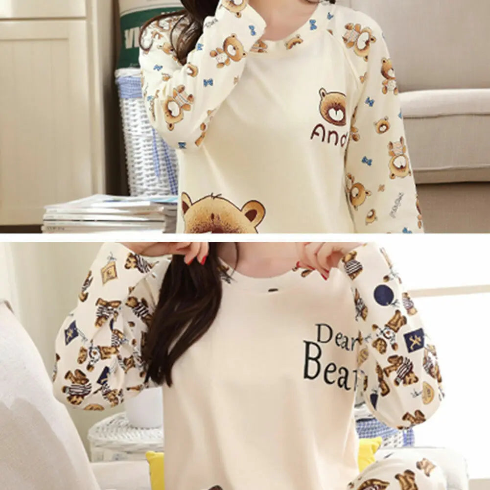 Ladies Womens Pyjamas Pj Set Long Sleeve Top Cartoon Cute Bear Nightwear Lounge Wear Pyjama 2 Pieces Suit-Dollar Bargains Online Shopping Australia