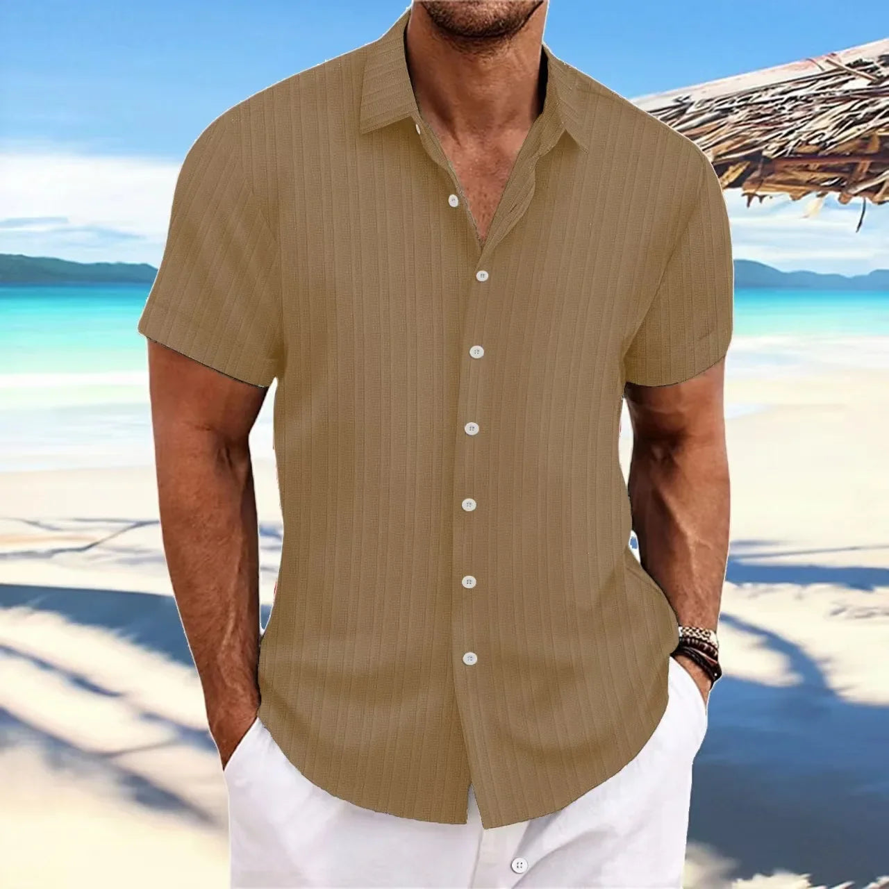 men's striped jacquard casual fashion comfortable loose short sleeve Hawaiian shirt-Dollar Bargains Online Shopping Australia