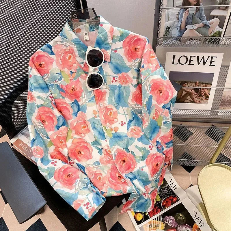 Vintage Printing Long Sleeve Shirts Women Y2K Spring Summer Chiffon Loose Casual Button Top Bf Korean Chic All-Match