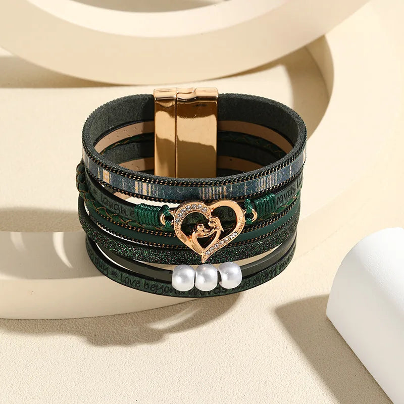 Boho Style Multi Layer Leather Bracelet for Women Luxury Jewelry Cupid Heart Open Magnet Buckle Bracelet as a Holiday Gift