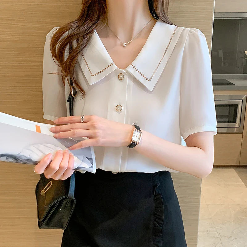 Blouses Tops Women Turn Down Collar Blouse Women White Blouse Short Sleeve Chiffon Blouse-Dollar Bargains Online Shopping Australia