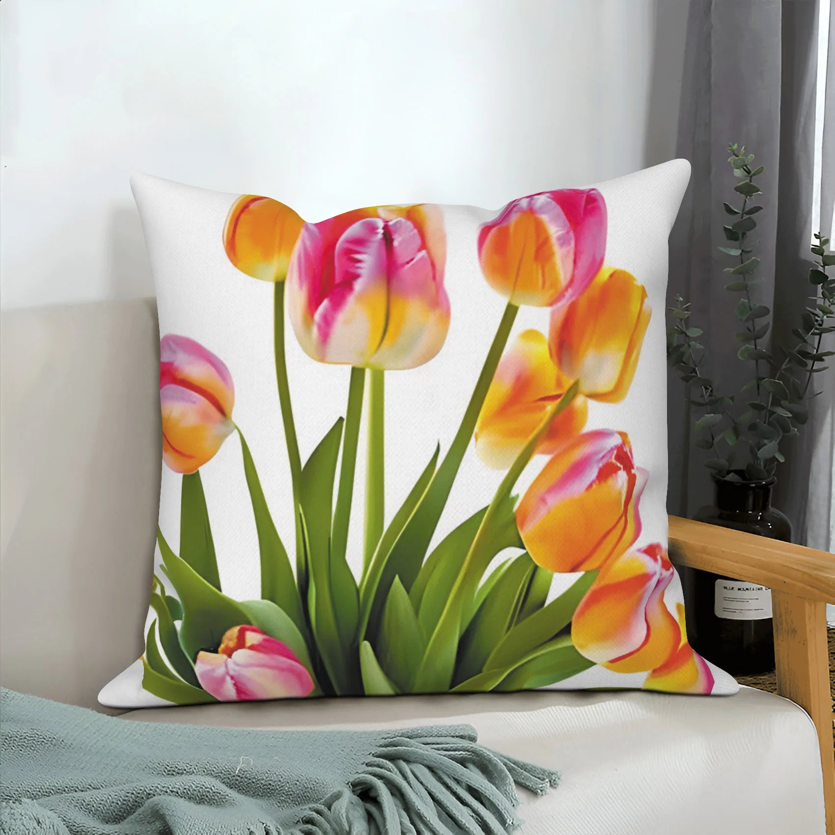 Pink Tulip Floral Throw Pillow Cover Decoration Living Room Sofa Cushion  Home Decor