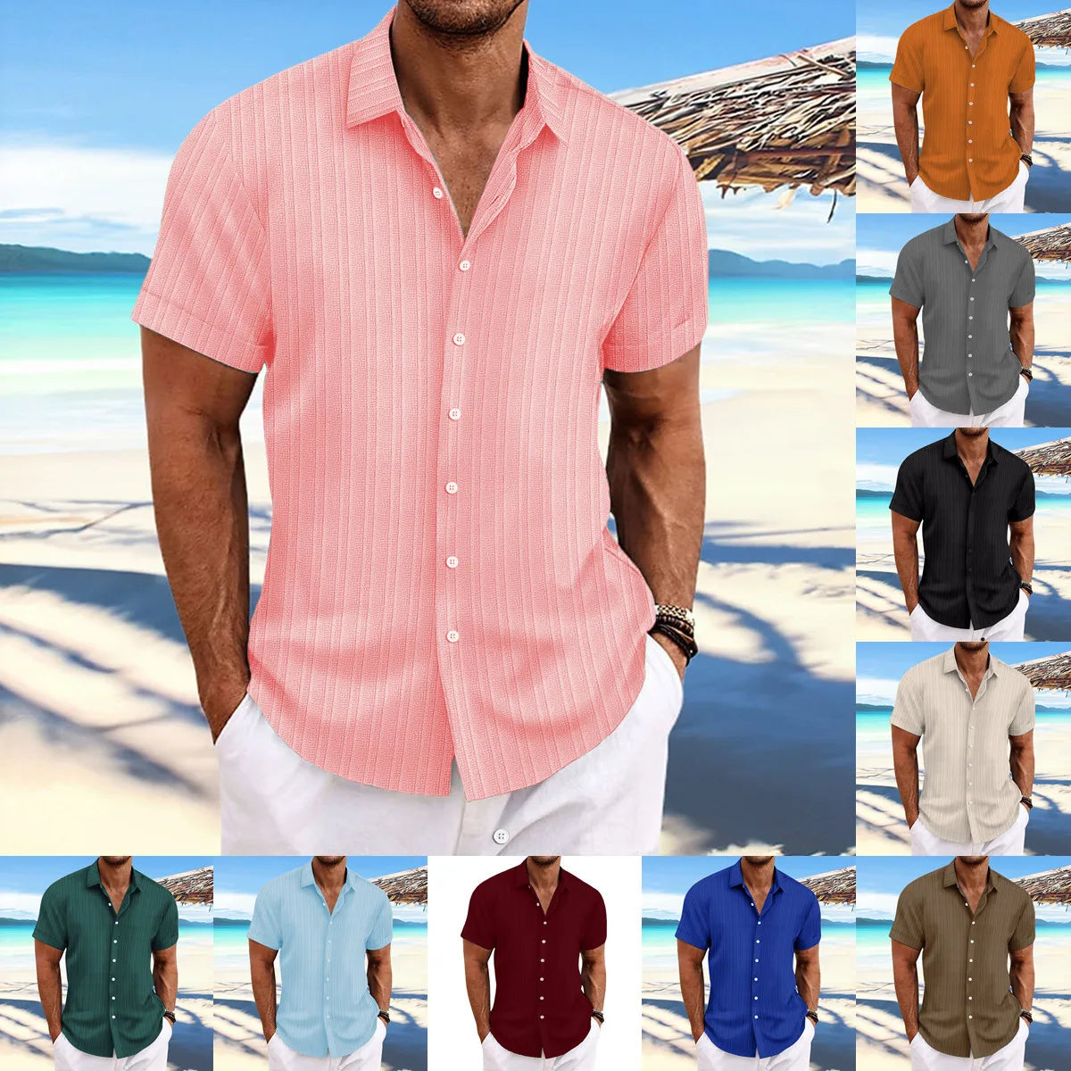 men's striped jacquard casual fashion comfortable loose short sleeve Hawaiian shirt-Dollar Bargains Online Shopping Australia