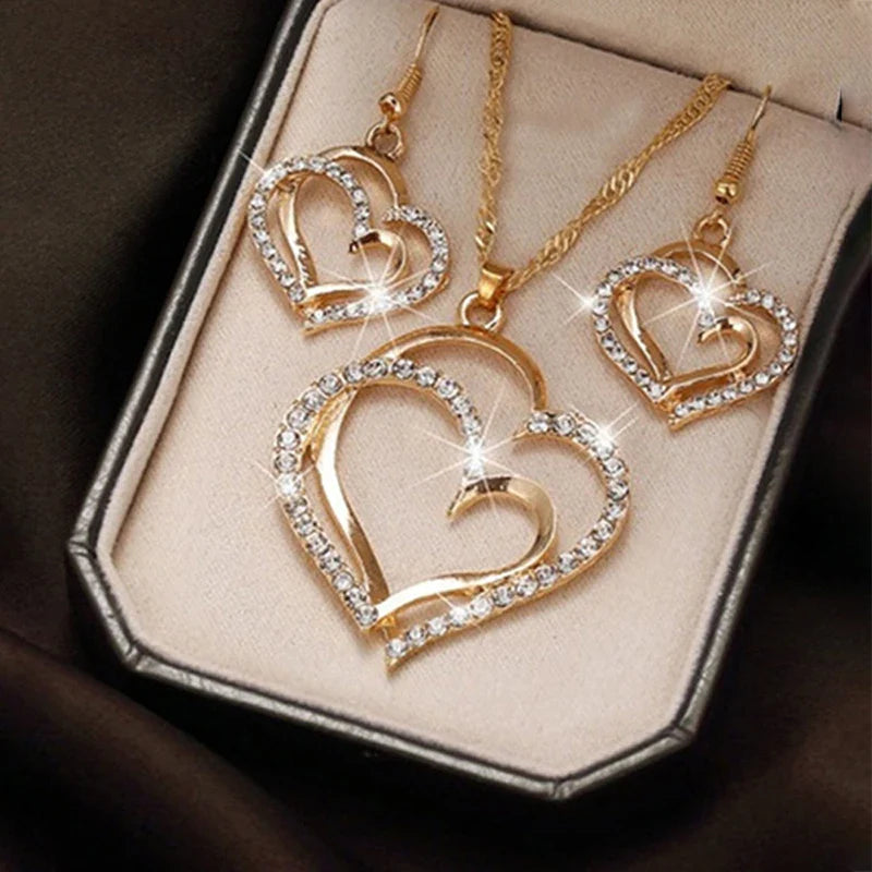 3 Pcs Set Heart Shaped Jewelry Set Of Earrings Pendant Necklace For Women Exquisite Fashion Rhinestone Double Heart Jewelry Set-Dollar Bargains Online Shopping Australia