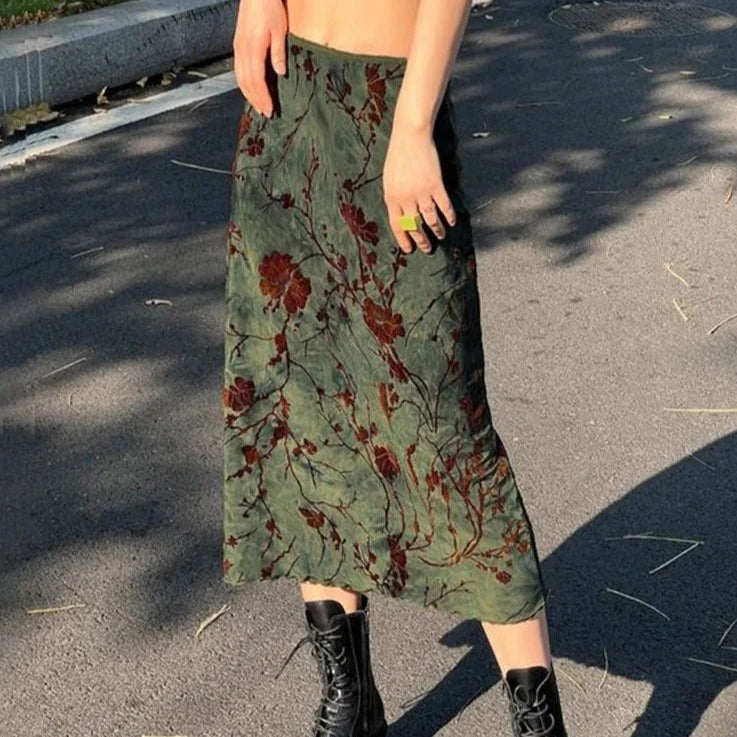 Vintage Long Skirt Green Floral Print Women Y2K High Street Grunge Fashion Elegant Mid-Calf Skirt