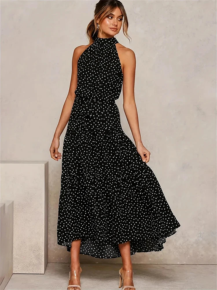 Summer Long Dress Polka Dot Casual Dresses Black Sexy Halter Strapless Sundress-Dollar Bargains Online Shopping Australia