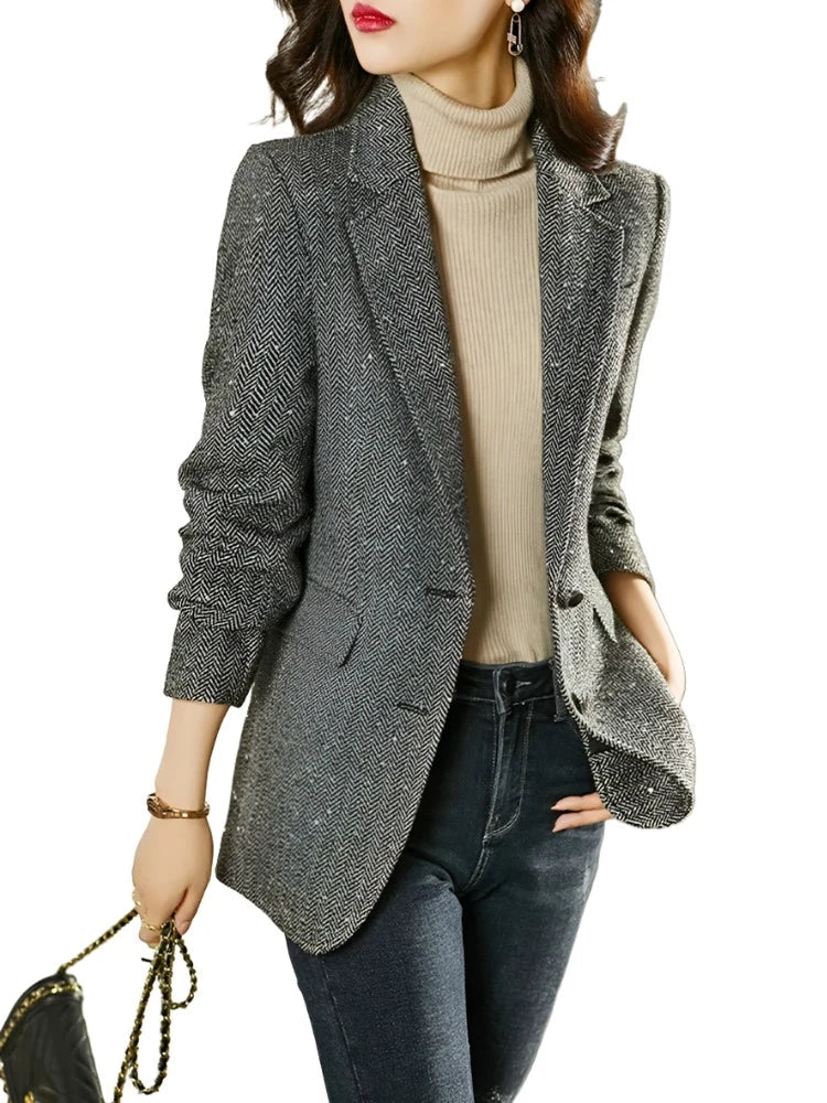 Sequins Wool Blend Blazer Women Spring Jackets Warm Outerwears Vintage Elegant Casual Business Woolen Tailored Coat-Dollar Bargains Online Shopping Australia