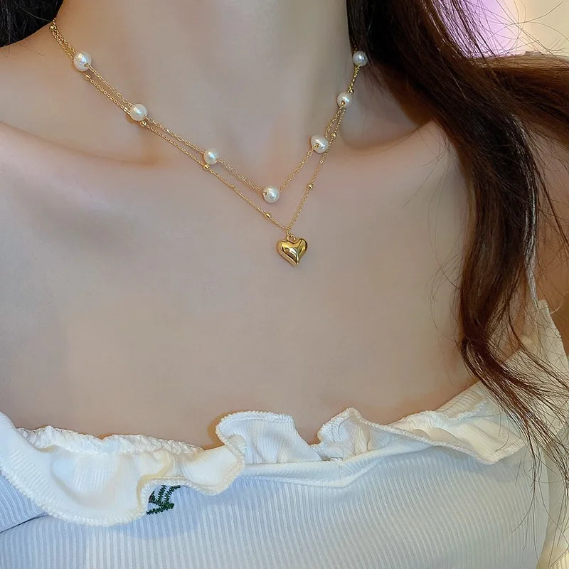 Exquisite Double-layer Pearl Love Pendant Necklace Women Jewelry Wedding Party