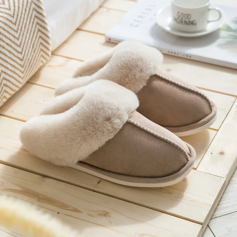 WinterFur Slippers Women Luxury Faux Suede Plush Couple Cotton Shoes Indoor Bedroom Flat Heels Fluffy Slippers-Dollar Bargains Online Shopping Australia