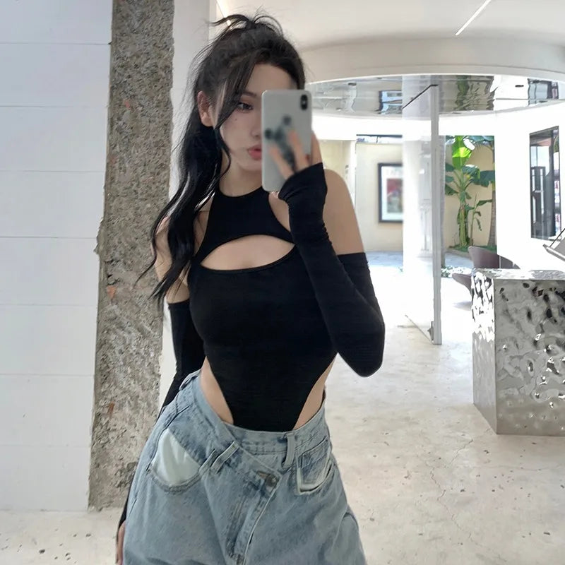 Hollow Out Women Bodysuits Top Long Sleeves Sexy Slim Shirt Body Tops Jumpsuit Y2k Lady Skinny O-neck Body Tops Romper-Dollar Bargains Online Shopping Australia