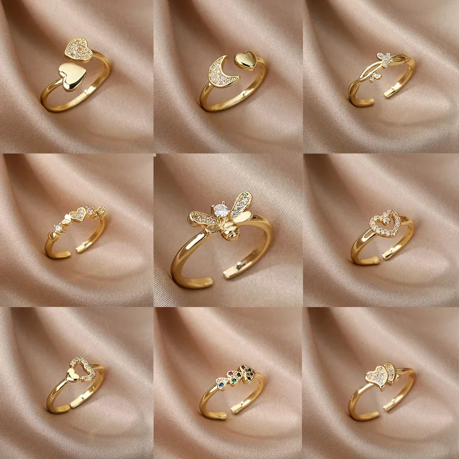 Bee Butterfly Ring For Women Open Adjustable Stainless Steel Cubic Zirconia Moon Heart Finger Ring-Dollar Bargains Online Shopping Australia
