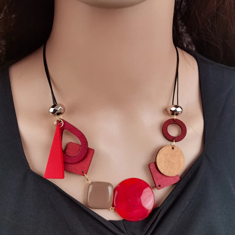 Vintage Wooden Geometric Pendant Necklace with Collar Handmade Ethnic Statement Bib Necklaces for Women Neck-Dollar Bargains Online Shopping Australia