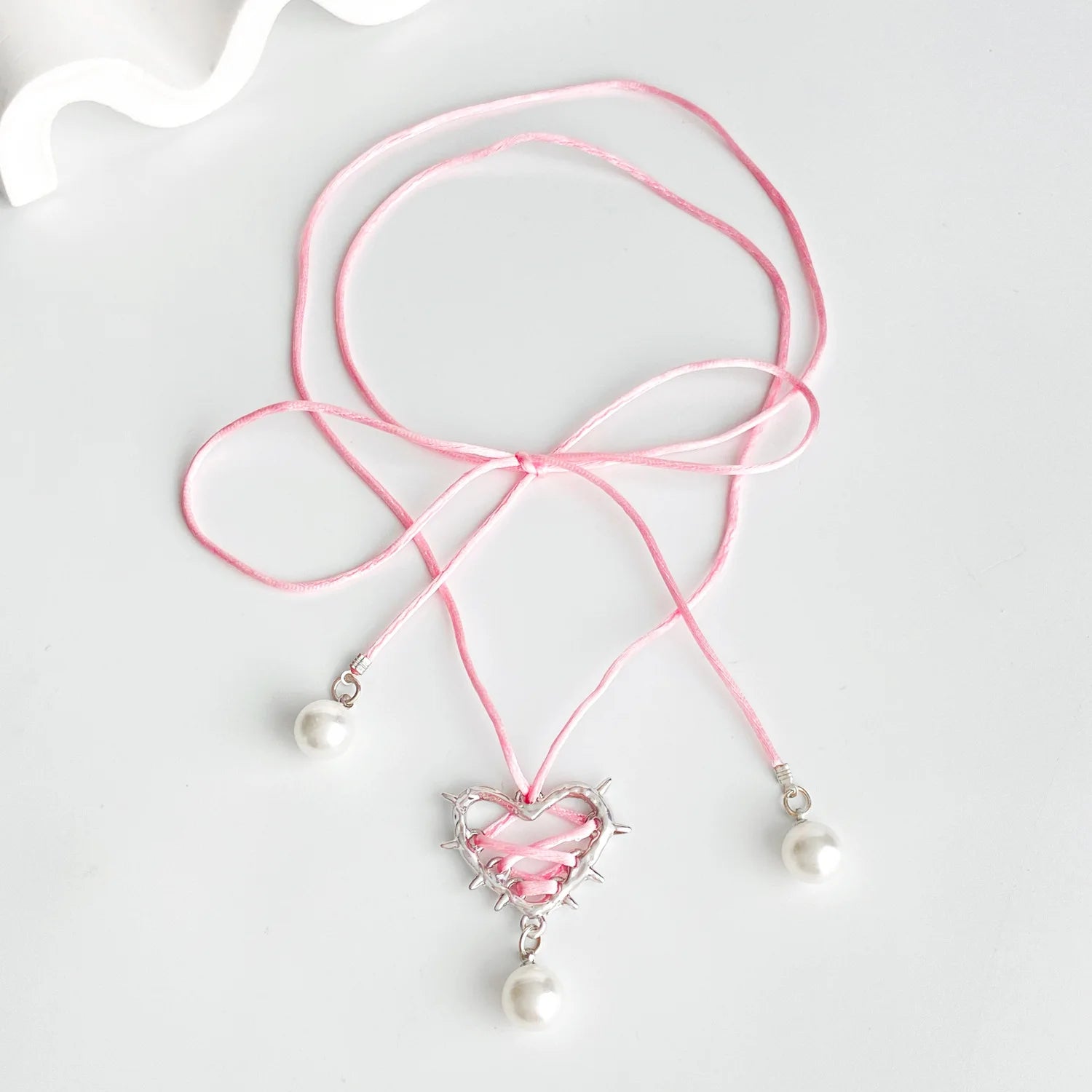 Pink Black Bow Tie Love Metal Heart Necklace Ribbon Pearl Pendant Necklace