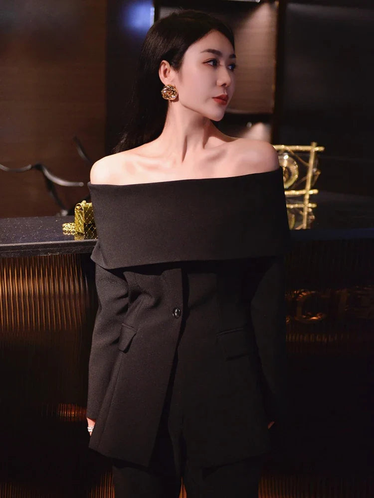 Slash Neck Chic Blazers Women Off Shoulder Long Sleeve Patchwork Single Button Solid Coat-Dollar Bargains Online Shopping Australia