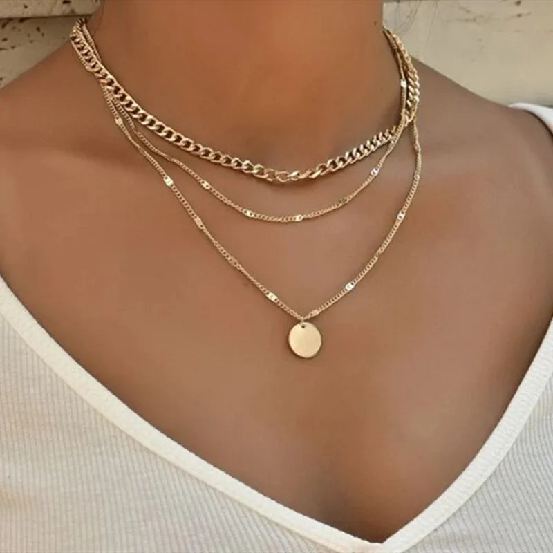 Vintage Double Round Charm Layered Necklace Women's Jewelry Layered Accessories for Girls Gifts Bohemian Fashion Pendant-Dollar Bargains Online Shopping Australia