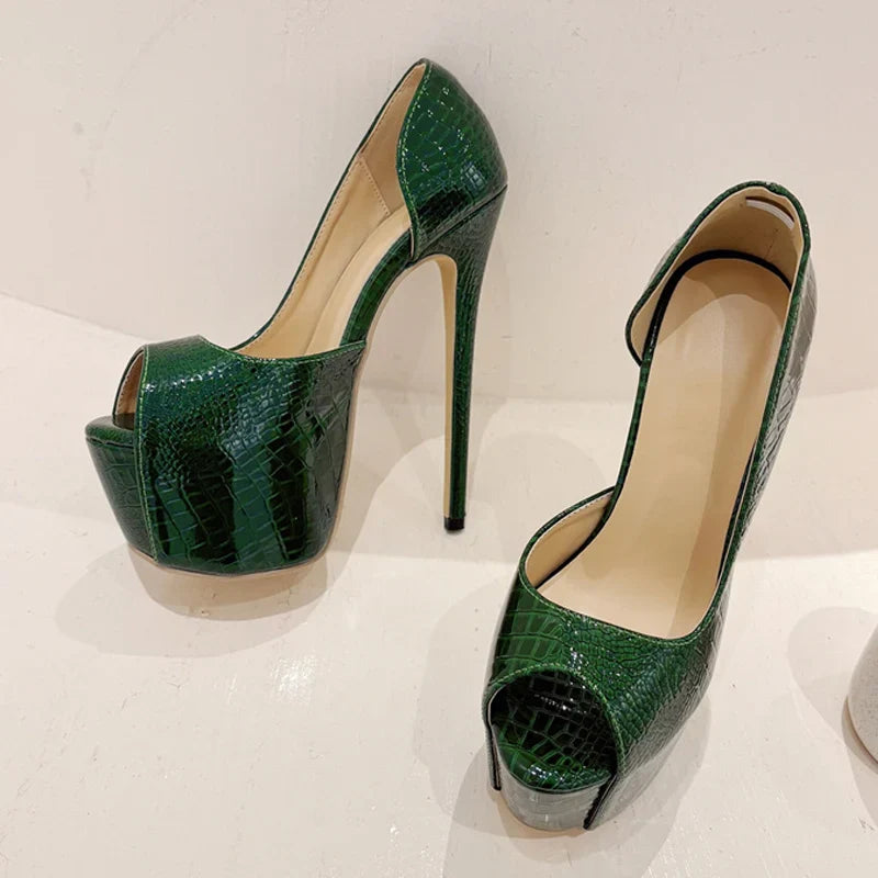 Green Snake Print Leather Platform Pumps Women Sexy Slingback Peep Toe Extreme High Heels Strip Pole Dance Shoes-Dollar Bargains Online Shopping Australia