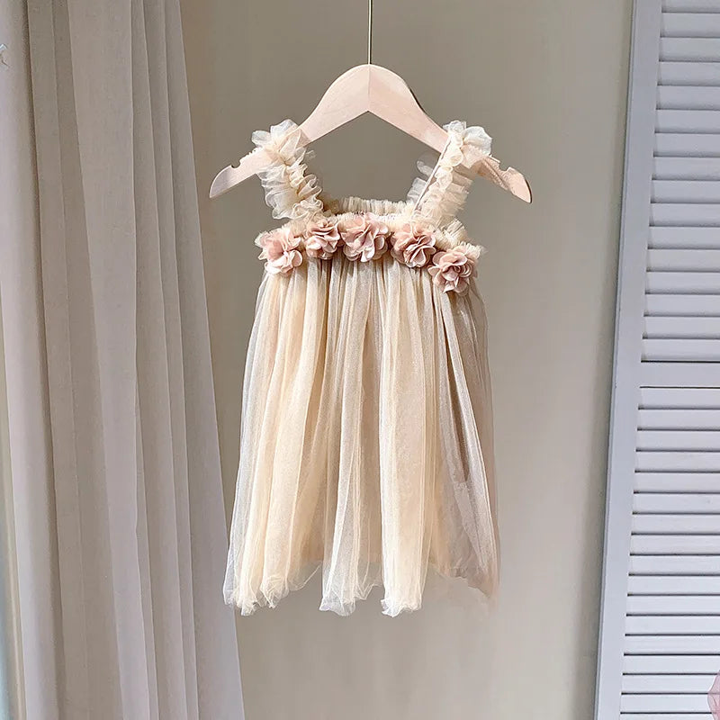 Kids Girl Dress 3D Flower Sling Sweet Beauty Children's Mesh Solid Color Baby Girls Beach Princess Fluffy Skirt-Dollar Bargains Online Shopping Australia