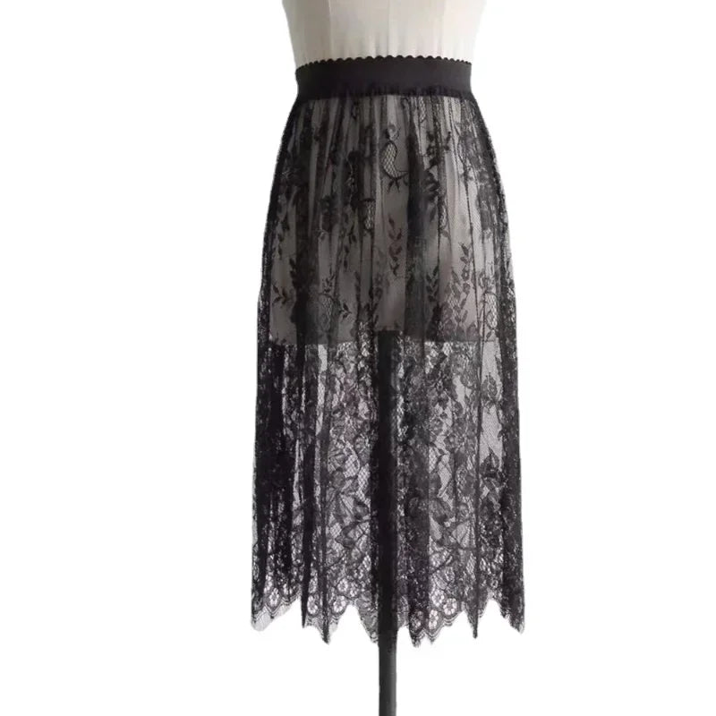 Women Mesh Lace Transparent Long Tulle Skirt Korean Fashion Summer Ladies Elastic High Waist Black White Beach Midi Skirt