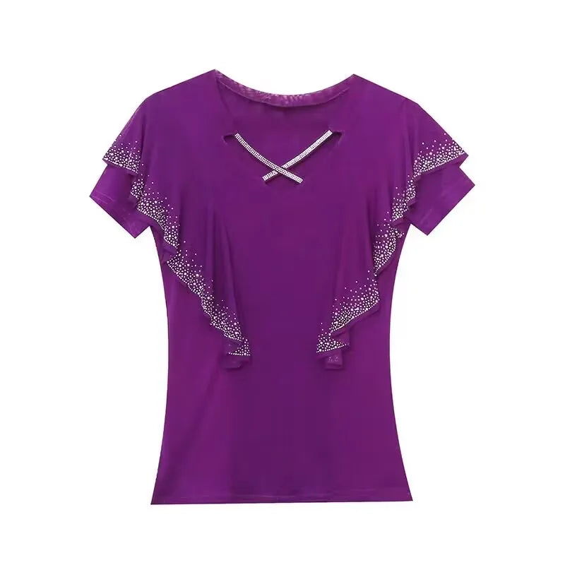 Women's T-Shirt Fashion Casual V-Neck Hollow Out Hot Diamonds Tees Female Ruffled Short Sleeved Mesh Tops-Dollar Bargains Online Shopping Australia