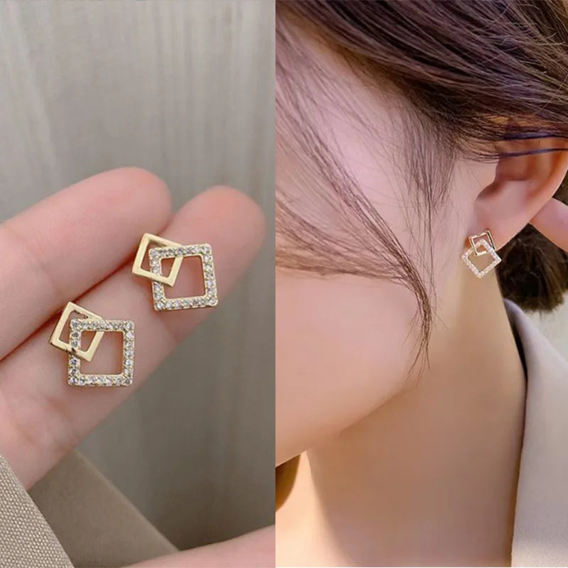 Korean Geometric Double Layers Rhombus Earrings for Women Gold Color Crystal Temperament Earring-Dollar Bargains Online Shopping Australia