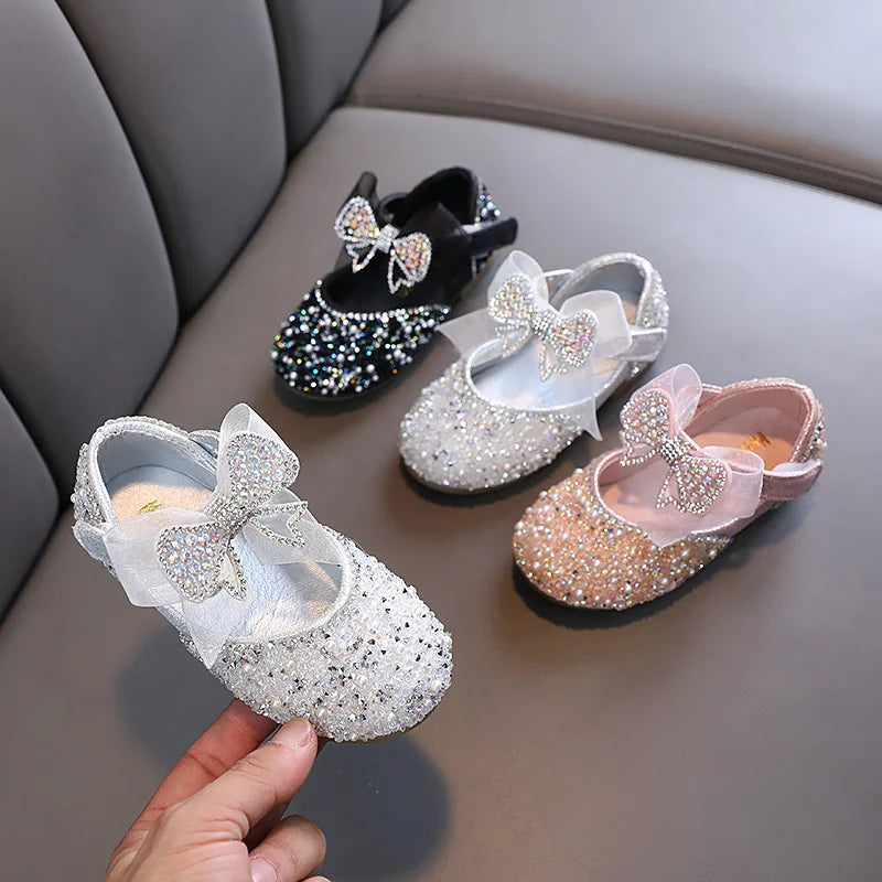 Children's Sequined Leather Shoes Girls Princess Rhinestone Bowknot Single Shoes Kids Wedding Shoes