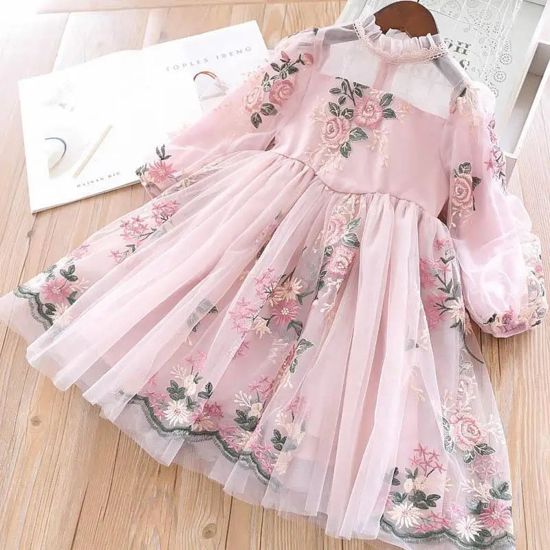 Little Girls Autumn Full Sleeves Dress for Children Party Kids Casual Dress Pink Floral Embroidery Dresses Princess Wear