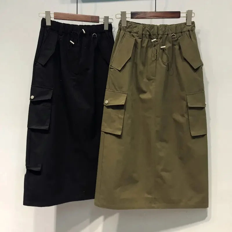 Cargo Skirts for Women Y2k Long Skirts Elastic Waist Spring Summer Drawstring Girls Full Length Skirt