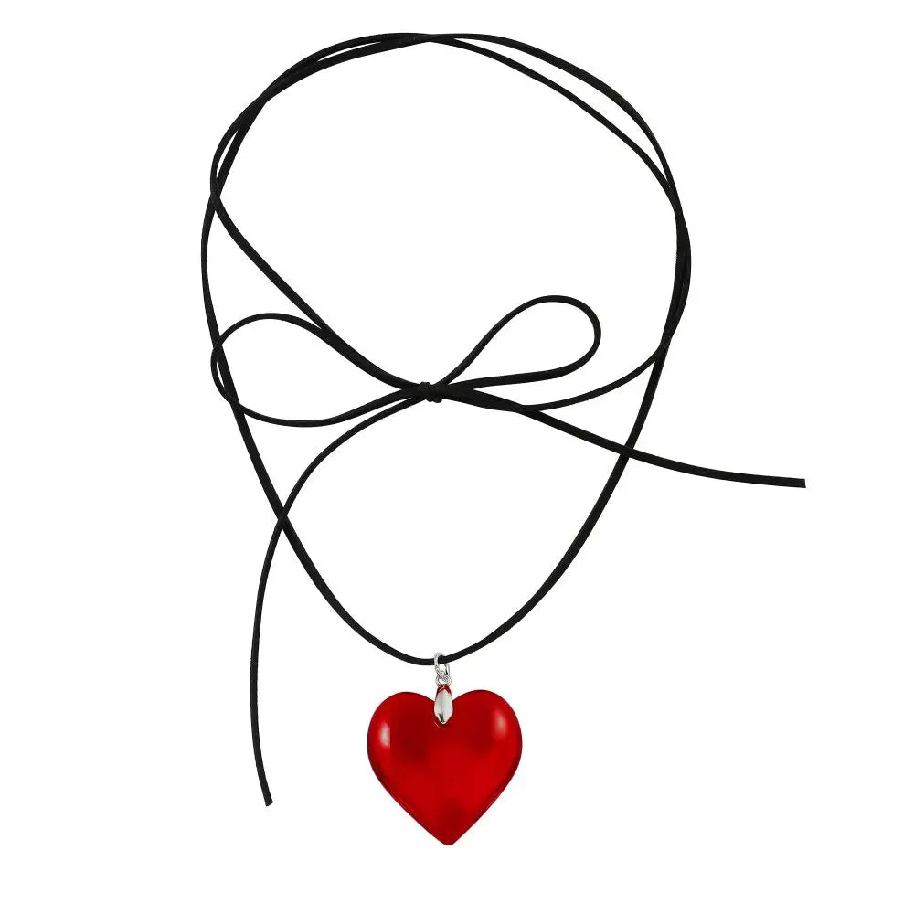 Goth Black Velvet Big Heart Pendant Choker Necklace for Women Elegant Weave Knotted Bowknot Adjustable Chain-Dollar Bargains Online Shopping Australia