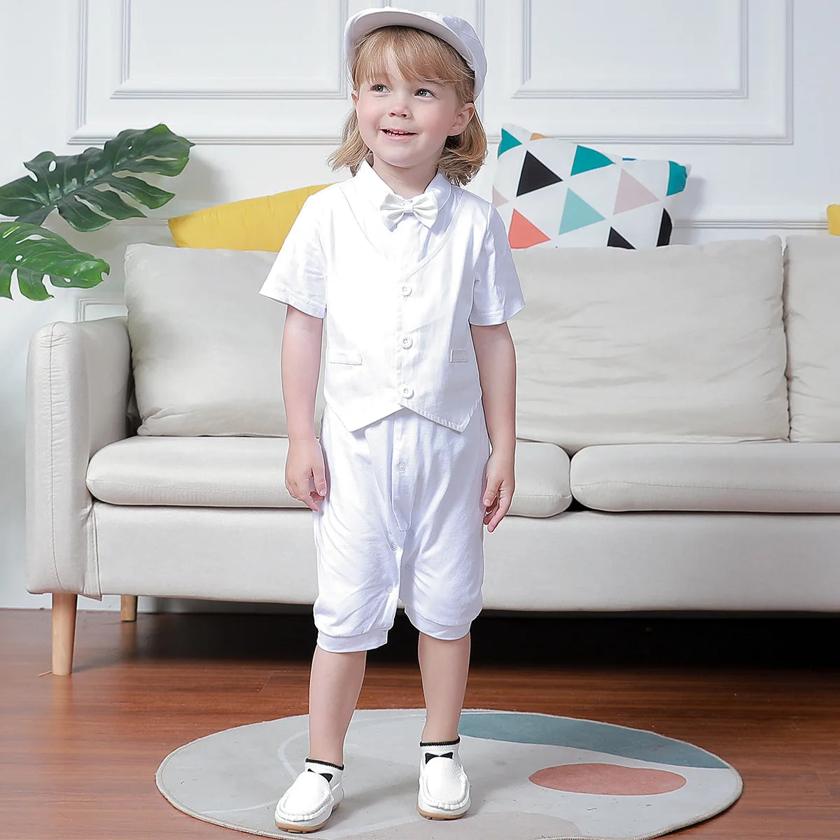 Baby Boys Christening Romper Newborn White One-Pieces Short Sleeve Summer Clothes Baptism Gift with Hat + Shoes + Socks 4PCS
