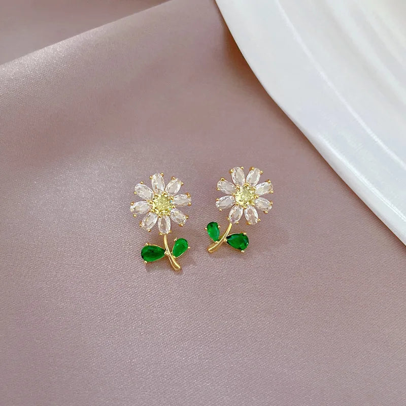 Fashionable Charming White Green Leaf Sunflower Necklace and Earrings Set Classic Retro Stainless Steel Party Wedding Jewelry-Dollar Bargains Online Shopping Australia