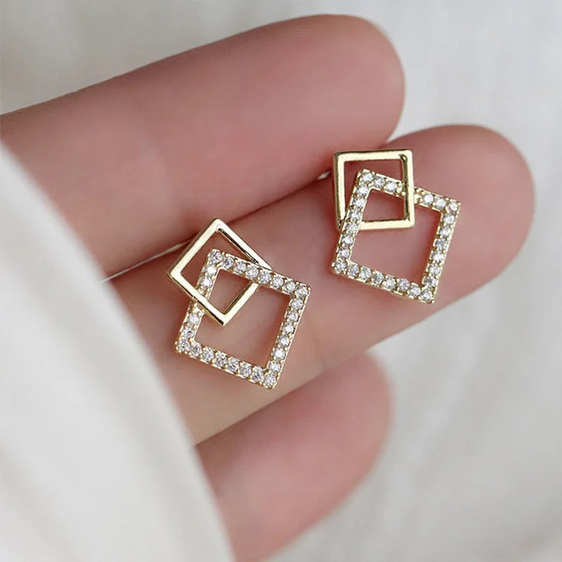 Korean Geometric Double Layers Rhombus Earrings for Women Gold Color Crystal Temperament Earring-Dollar Bargains Online Shopping Australia