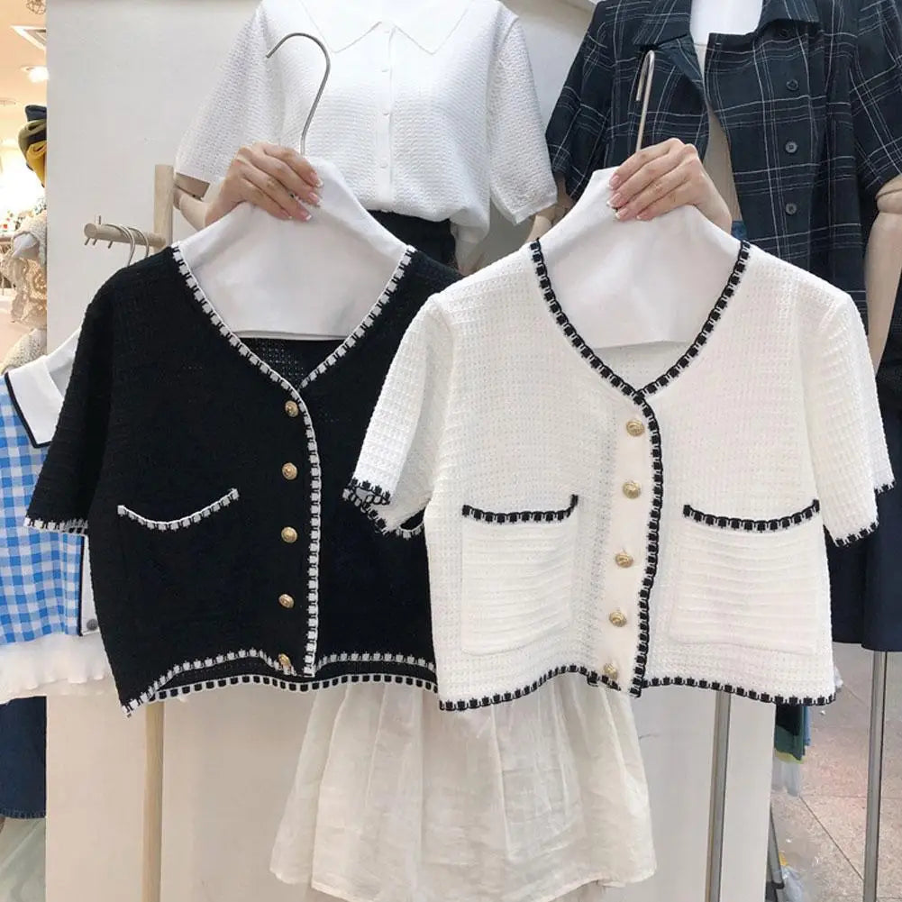 Women's V-neck T-Shirt Tops Small Fragrant Style Summer Short Sleeved Thin Knit Cardigan Elegant Slim-fit All-Match-Dollar Bargains Online Shopping Australia